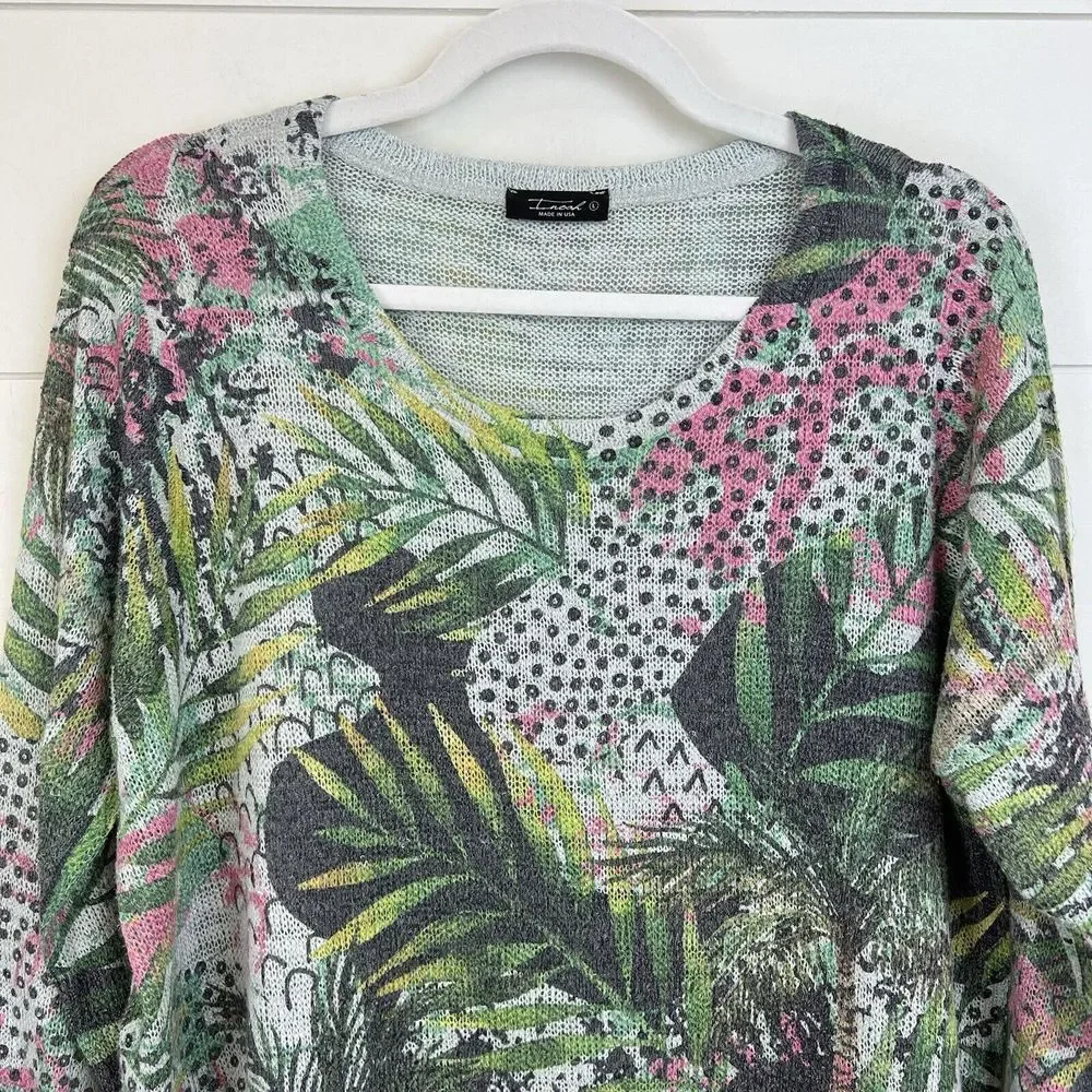 INOAH‎ Knit Tropical Artsy Abstract Colorful Tunic Top Women L USA Mix Media Hem